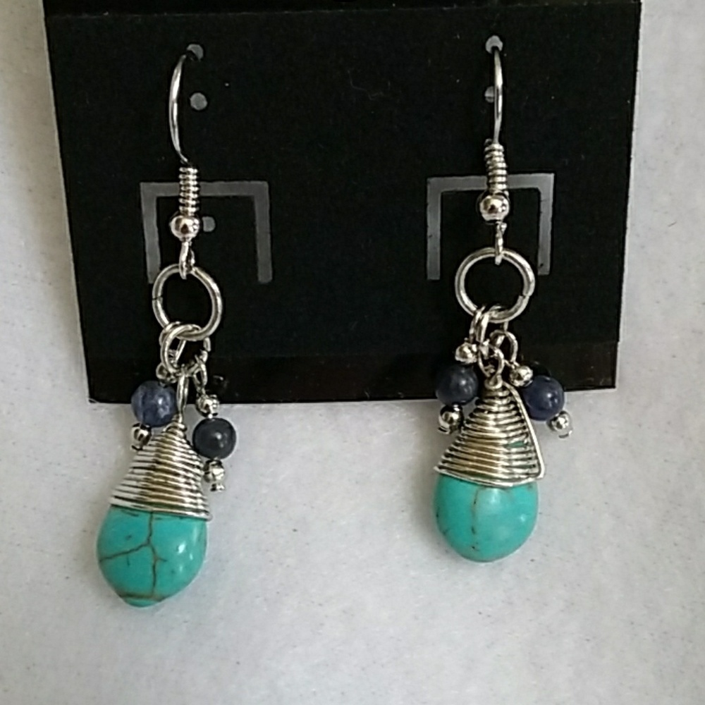 Crackled turquoise and silver beaded hook earrings
